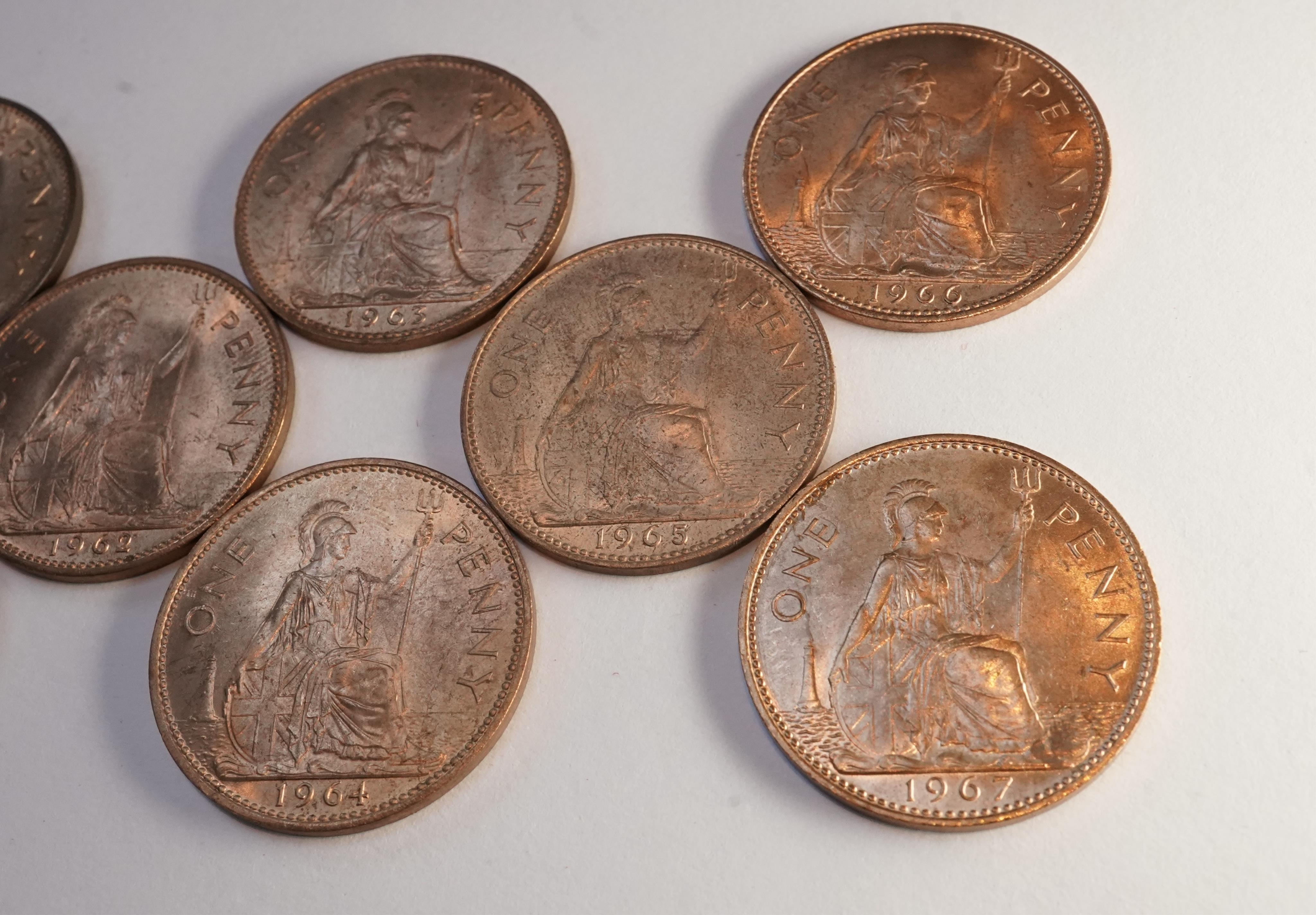John Hill Collection., British coins, George VI and Elizabeth II, a date set of pre-decimal bronze pennies (1937-1967), S. 4114, S. 4154 and S. 4157, excludes 1941-43 and 1954-60, ranging from EF to UNC, many with full l